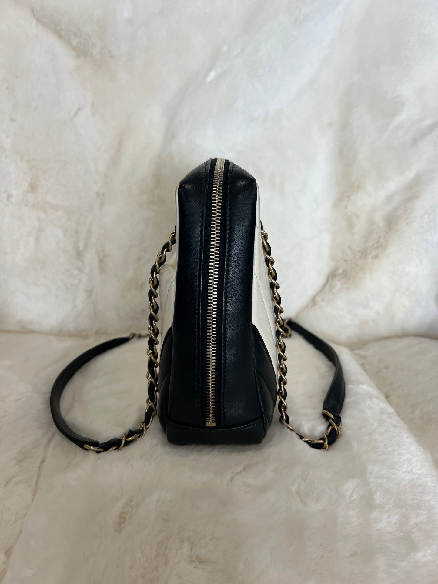 Chanel Camera Bag Chevron Black/Cream Lambskin Shoulder Bag