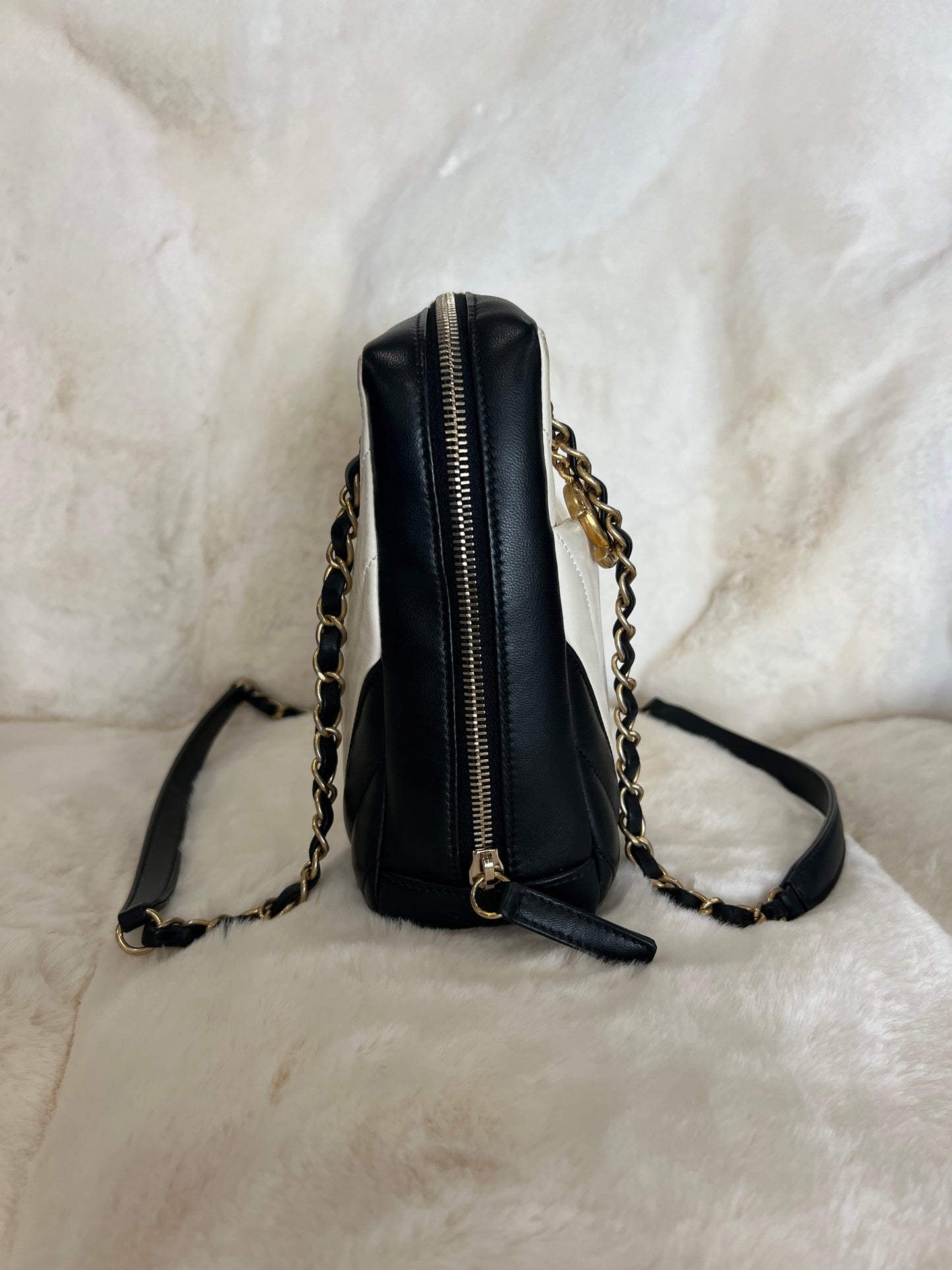 Chanel Camera Bag Chevron Black/Cream Lambskin Shoulder Bag