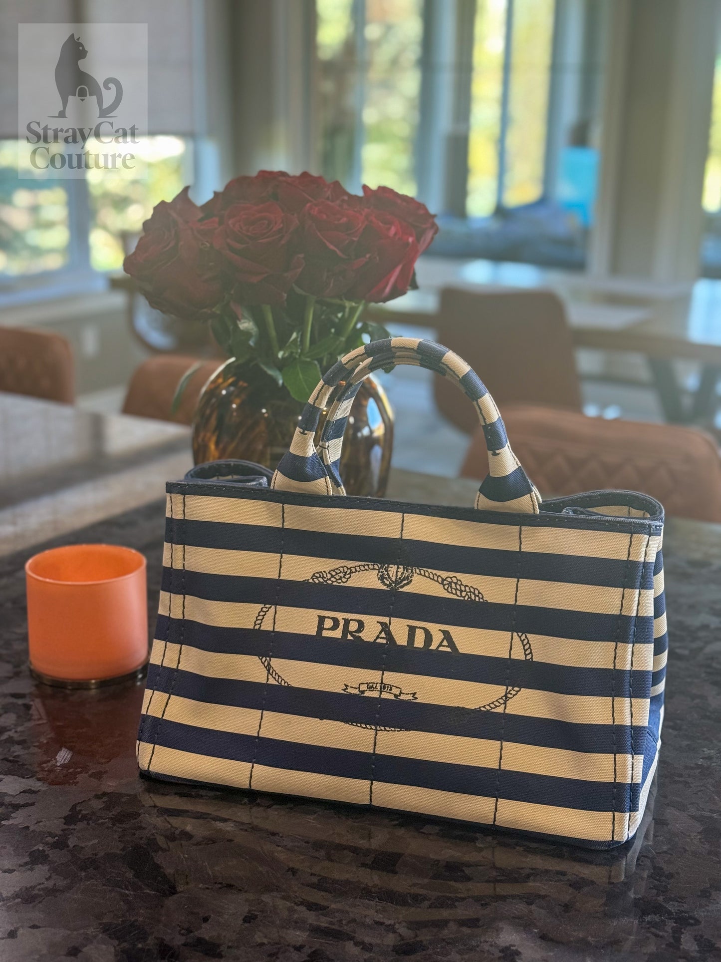 Prada Canapa Convertible Tote Printed Canvas Medium in Navy/Cream