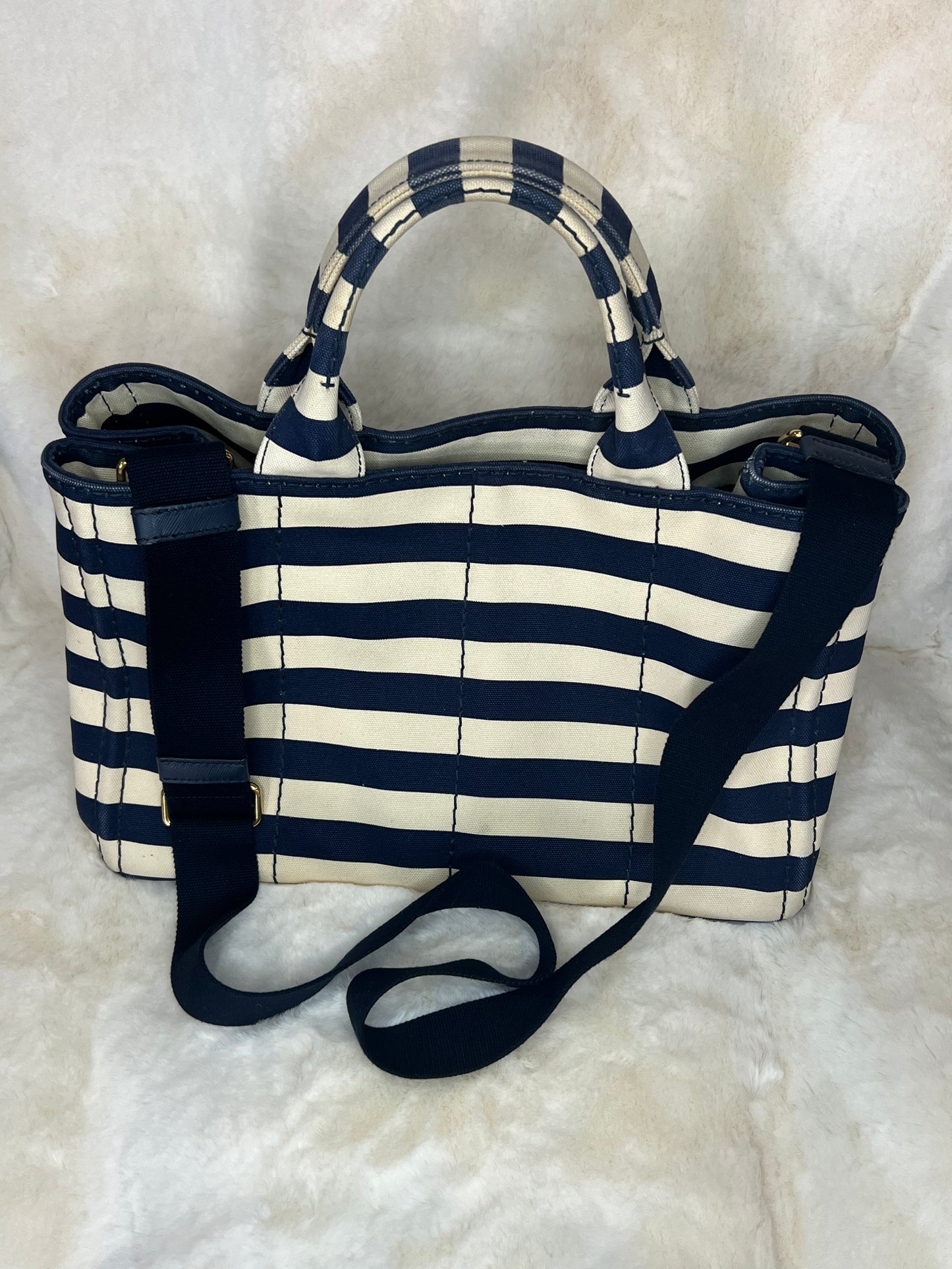 Prada Canapa Convertible Tote Printed Canvas Medium in Navy/Cream