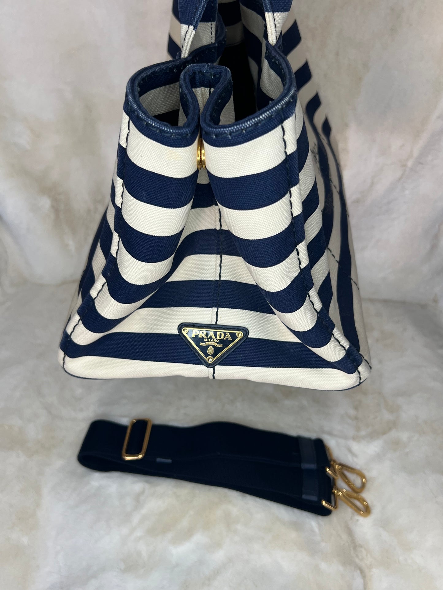 Prada Canapa Convertible Tote Printed Canvas Medium in Navy/Cream
