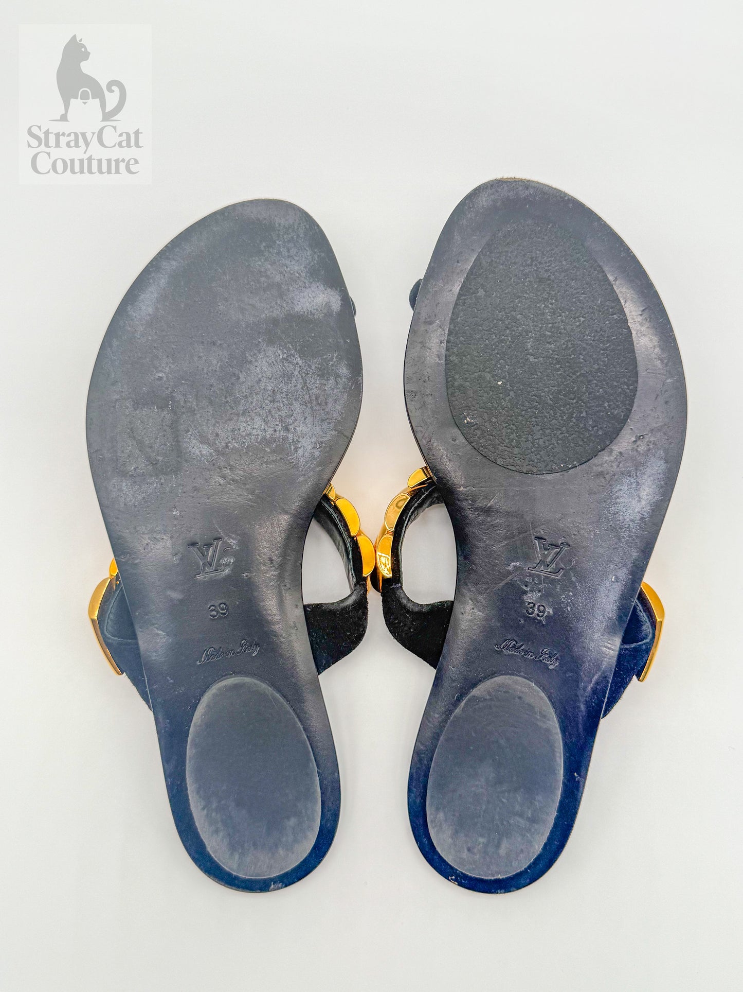 Louis Vuitton Symphony Sandals – Black with Gold Chevron Trim, Size 39