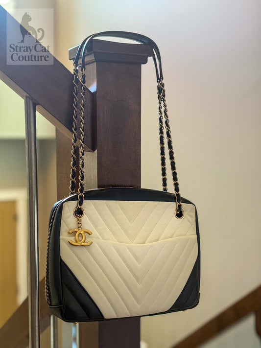 Chanel Camera Bag Chevron Black/Cream Lambskin Shoulder Bag