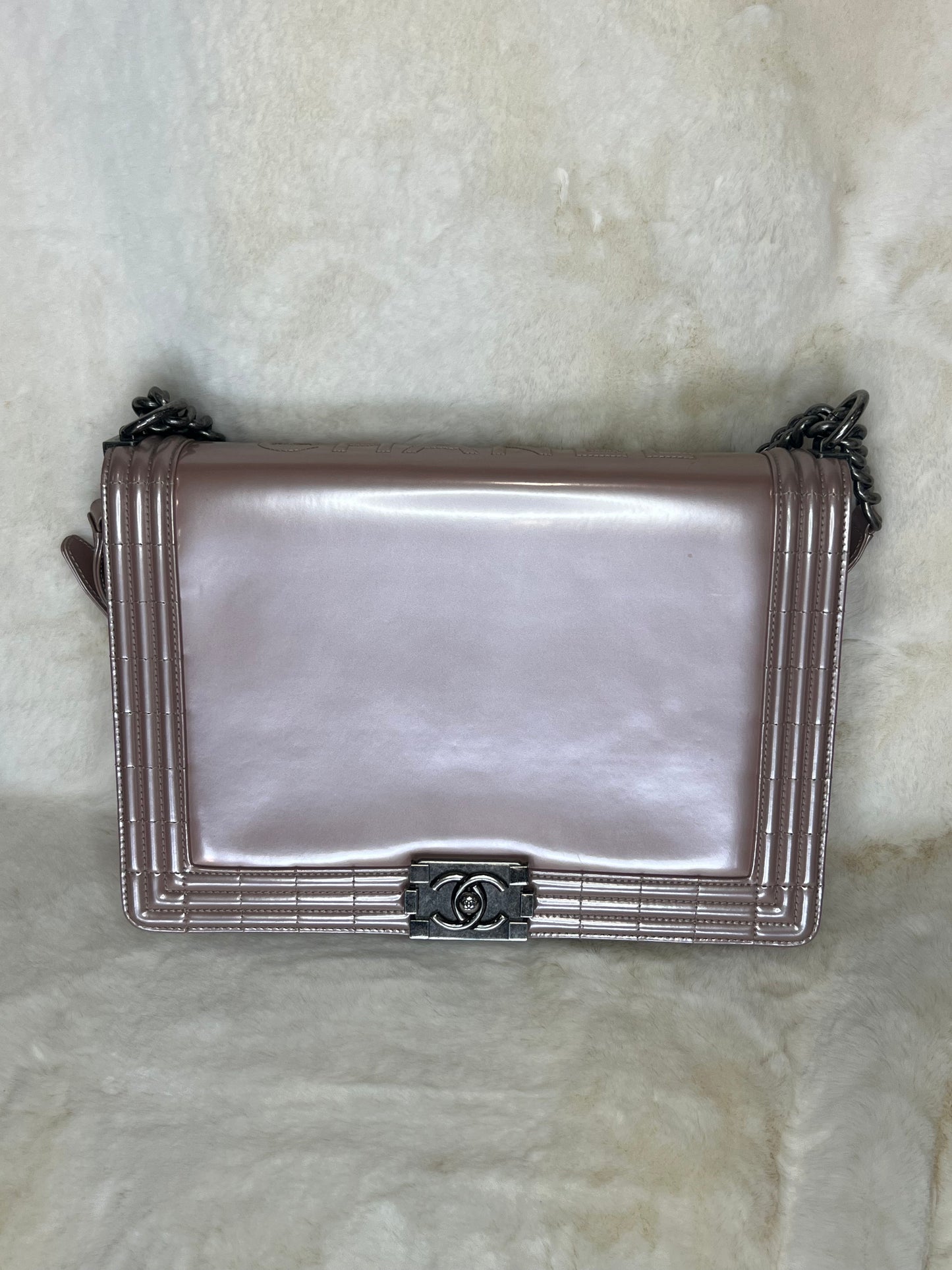 Chanel Iridescent Glazed Calfskin Large Boy Flap in Light Pink