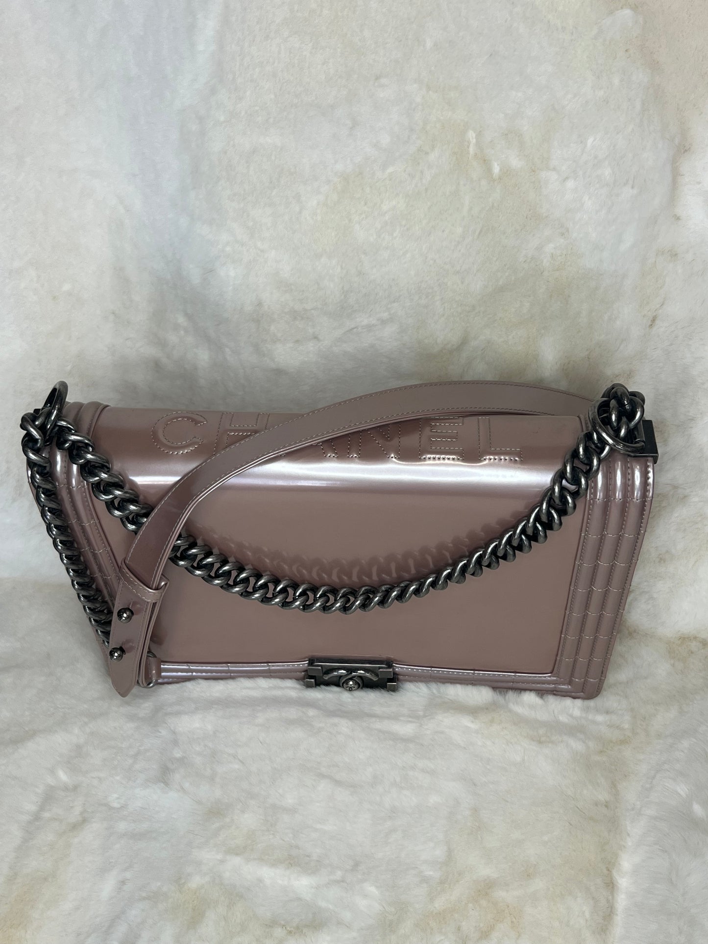 Chanel Iridescent Glazed Calfskin Large Boy Flap in Light Pink