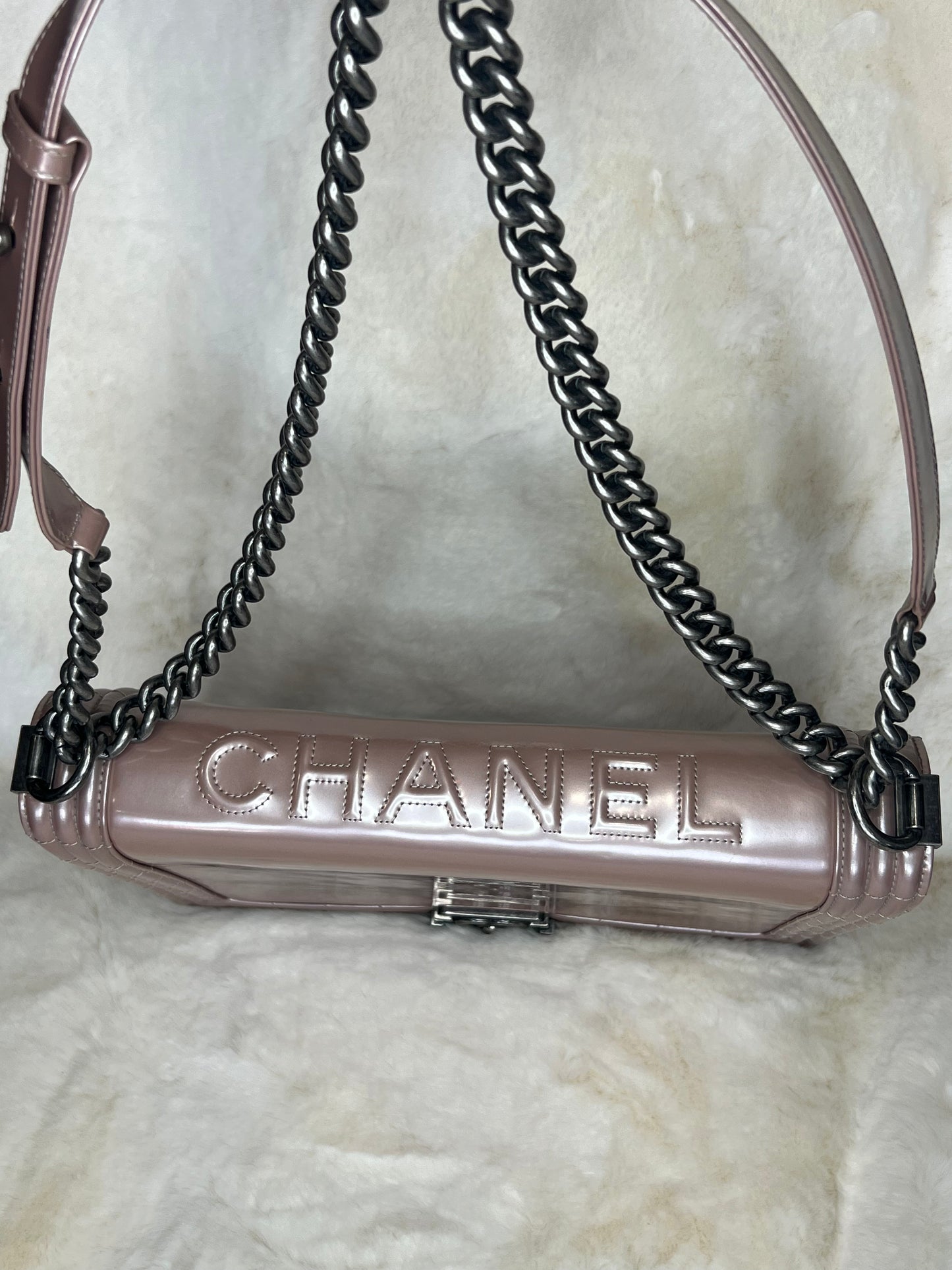Chanel Iridescent Glazed Calfskin Large Boy Flap in Light Pink