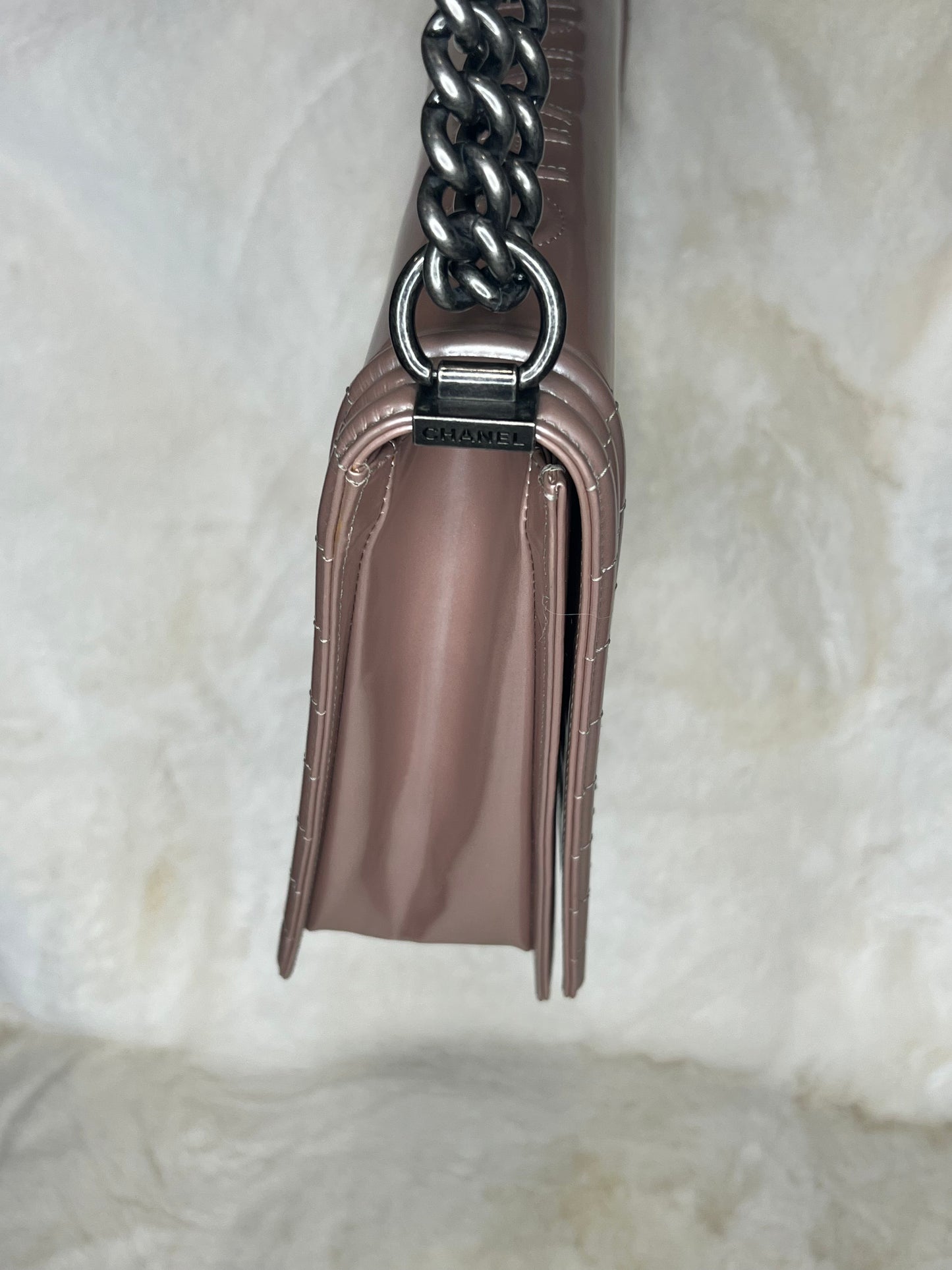 Chanel Iridescent Glazed Calfskin Large Boy Flap in Light Pink