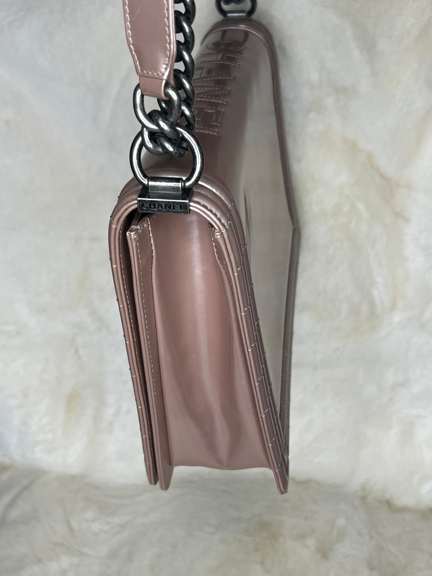 Chanel Iridescent Glazed Calfskin Large Boy Flap in Light Pink