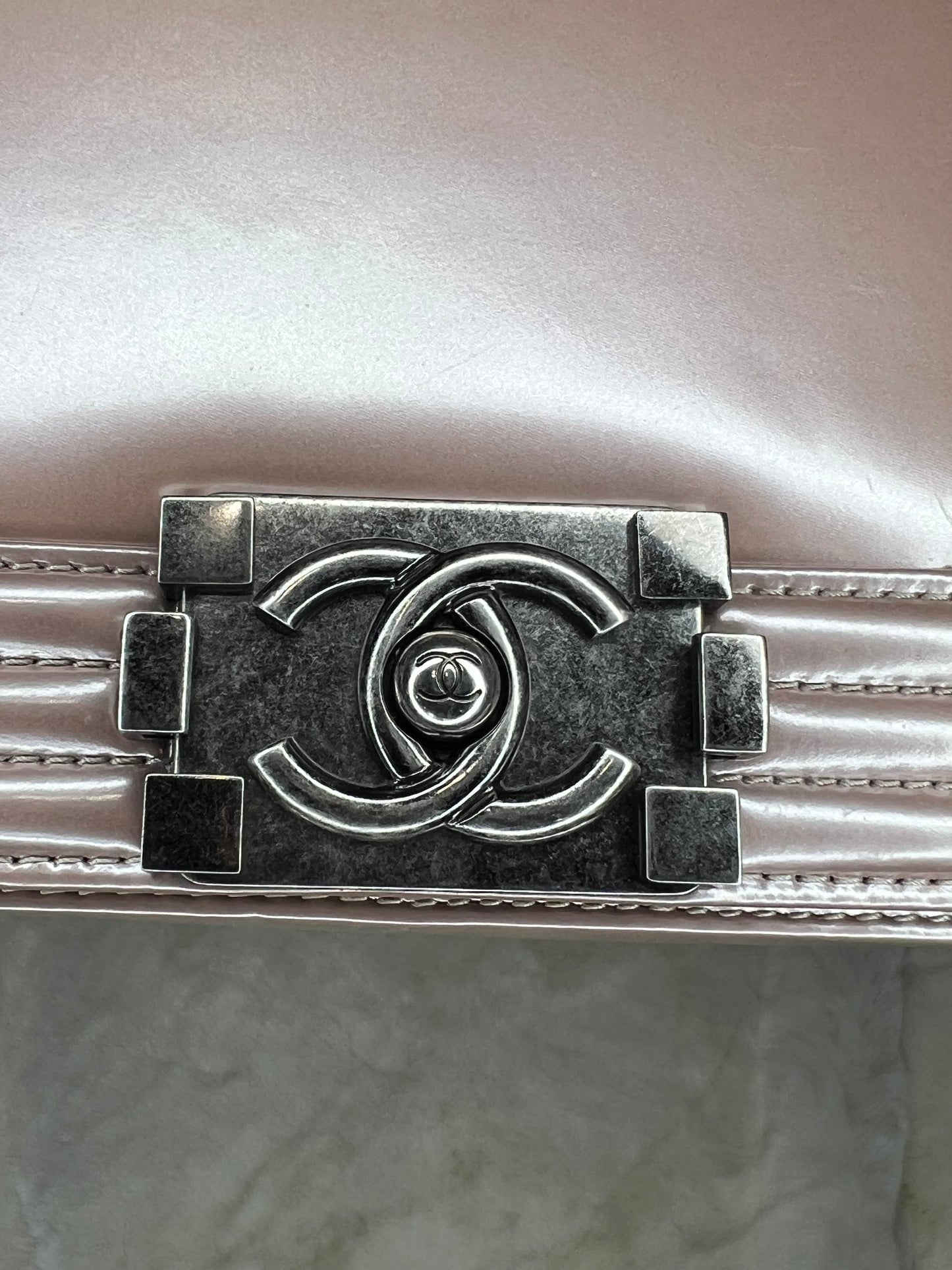 Chanel Iridescent Glazed Calfskin Large Boy Flap in Light Pink