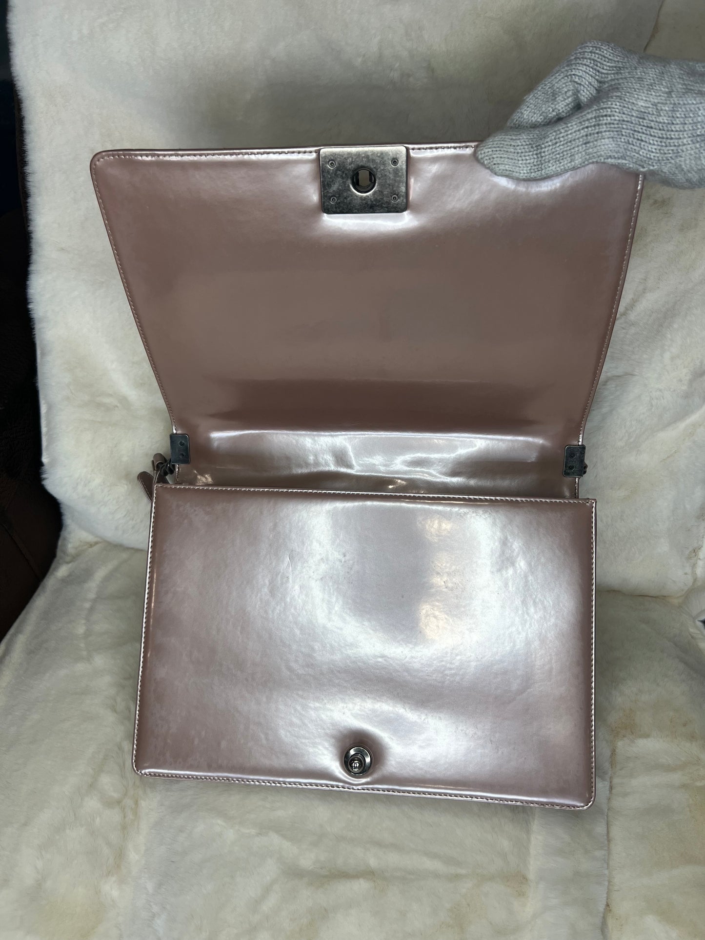 Chanel Iridescent Glazed Calfskin Large Boy Flap in Light Pink