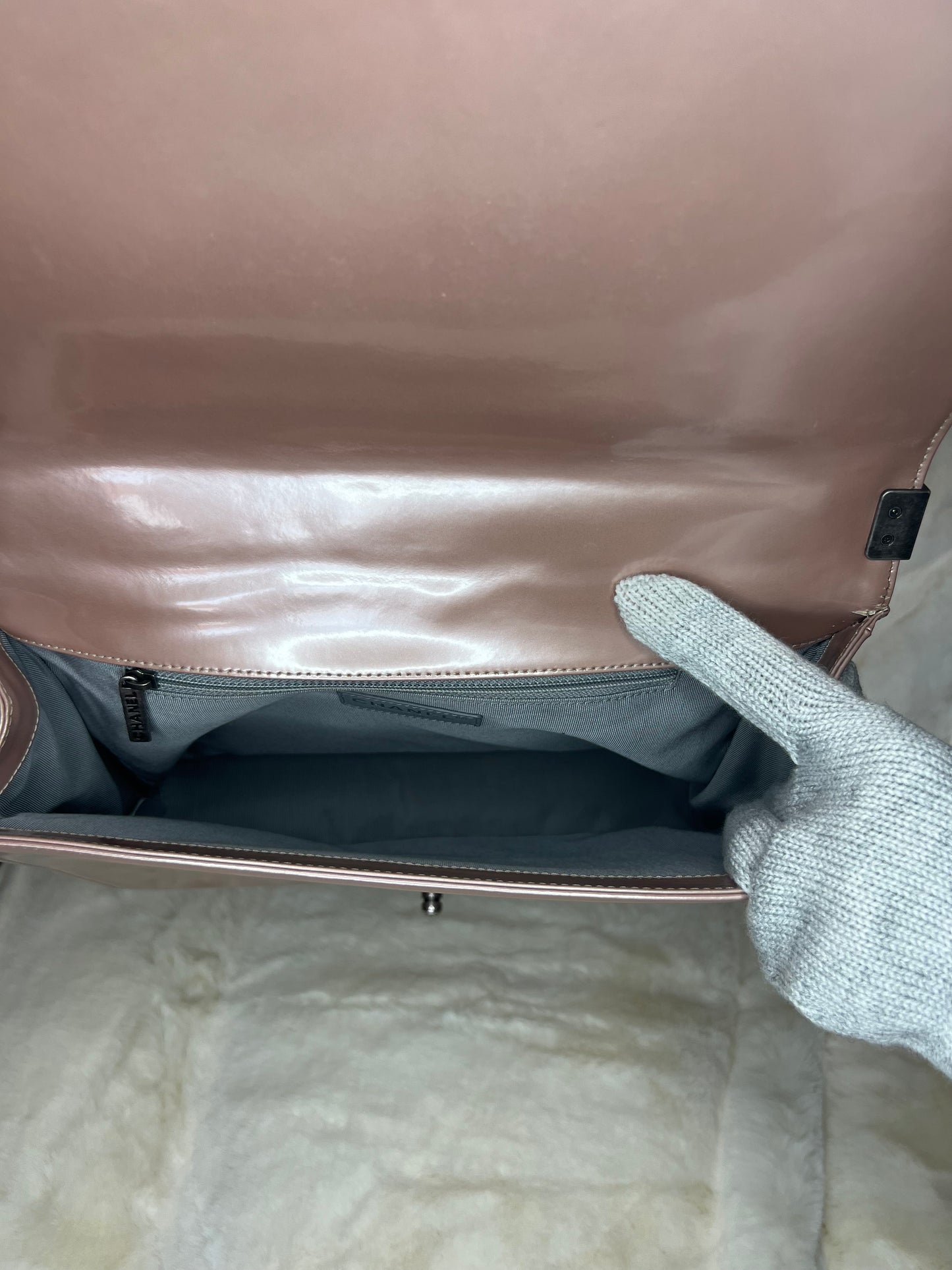 Chanel Iridescent Glazed Calfskin Large Boy Flap in Light Pink
