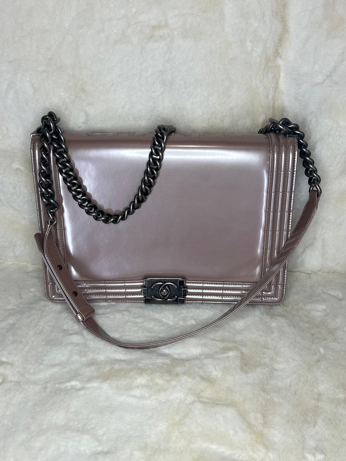 Chanel Iridescent Glazed Calfskin Large Boy Flap in Light Pink
