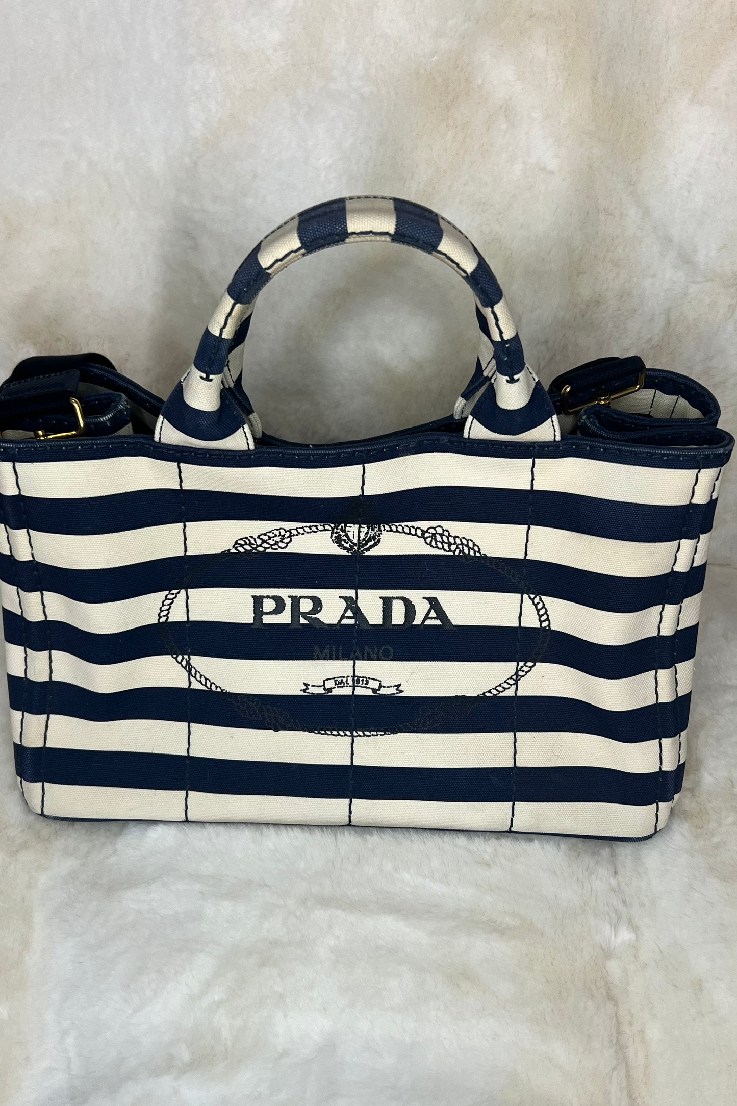 Prada Canapa Convertible Tote Printed Canvas Medium in Navy/Cream