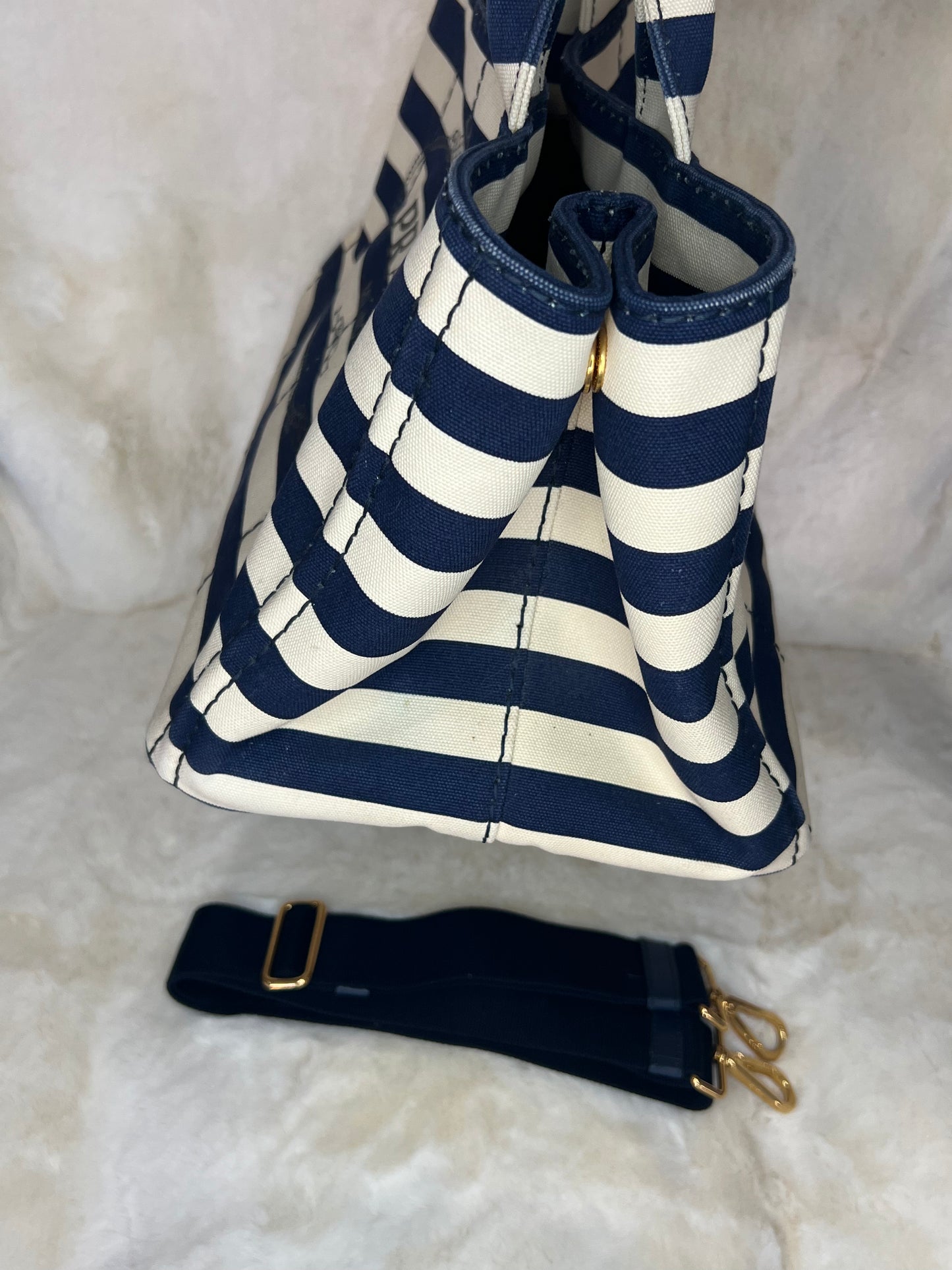 Prada Canapa Convertible Tote Printed Canvas Medium in Navy/Cream