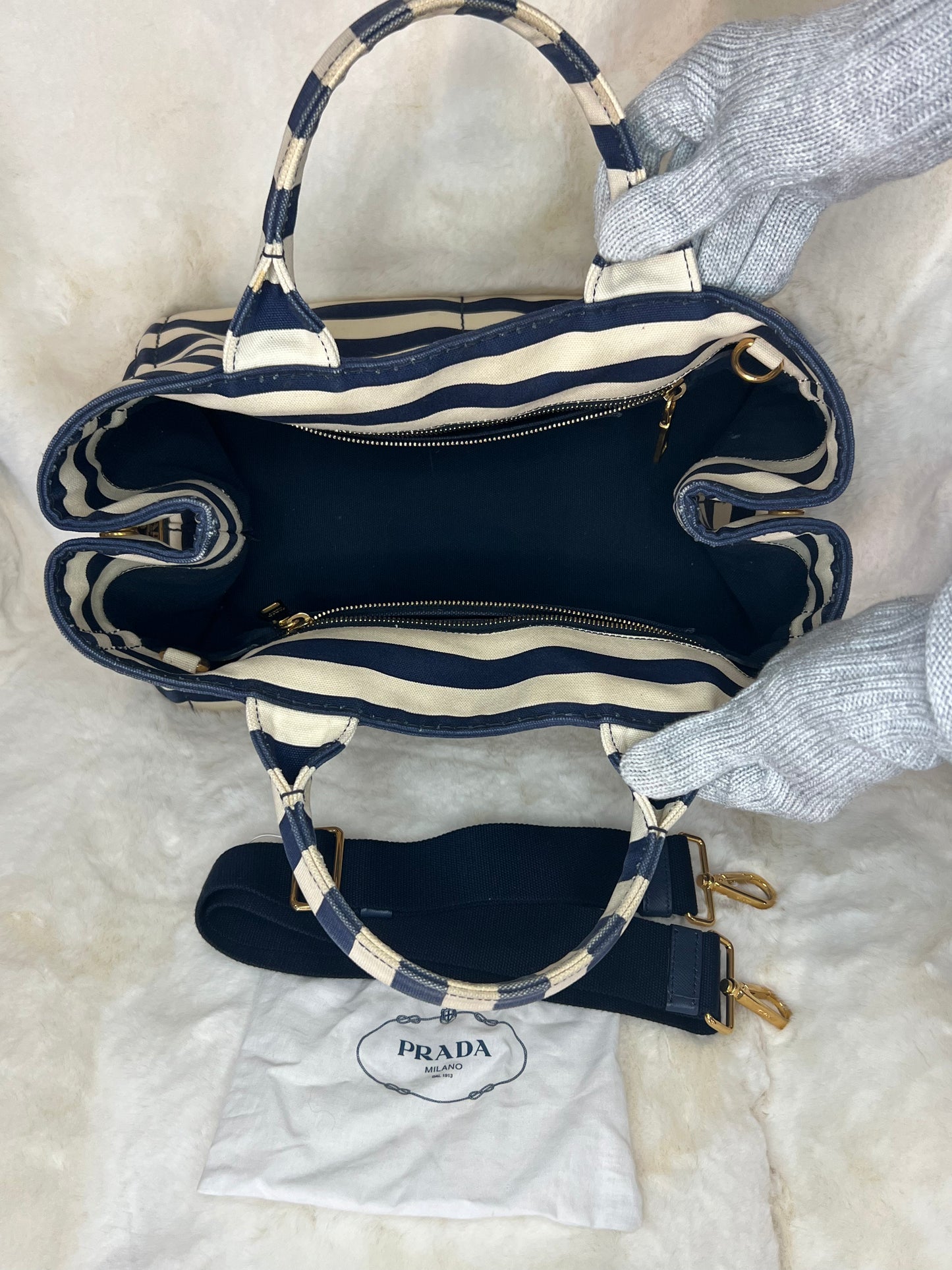 Prada Canapa Convertible Tote Printed Canvas Medium in Navy/Cream