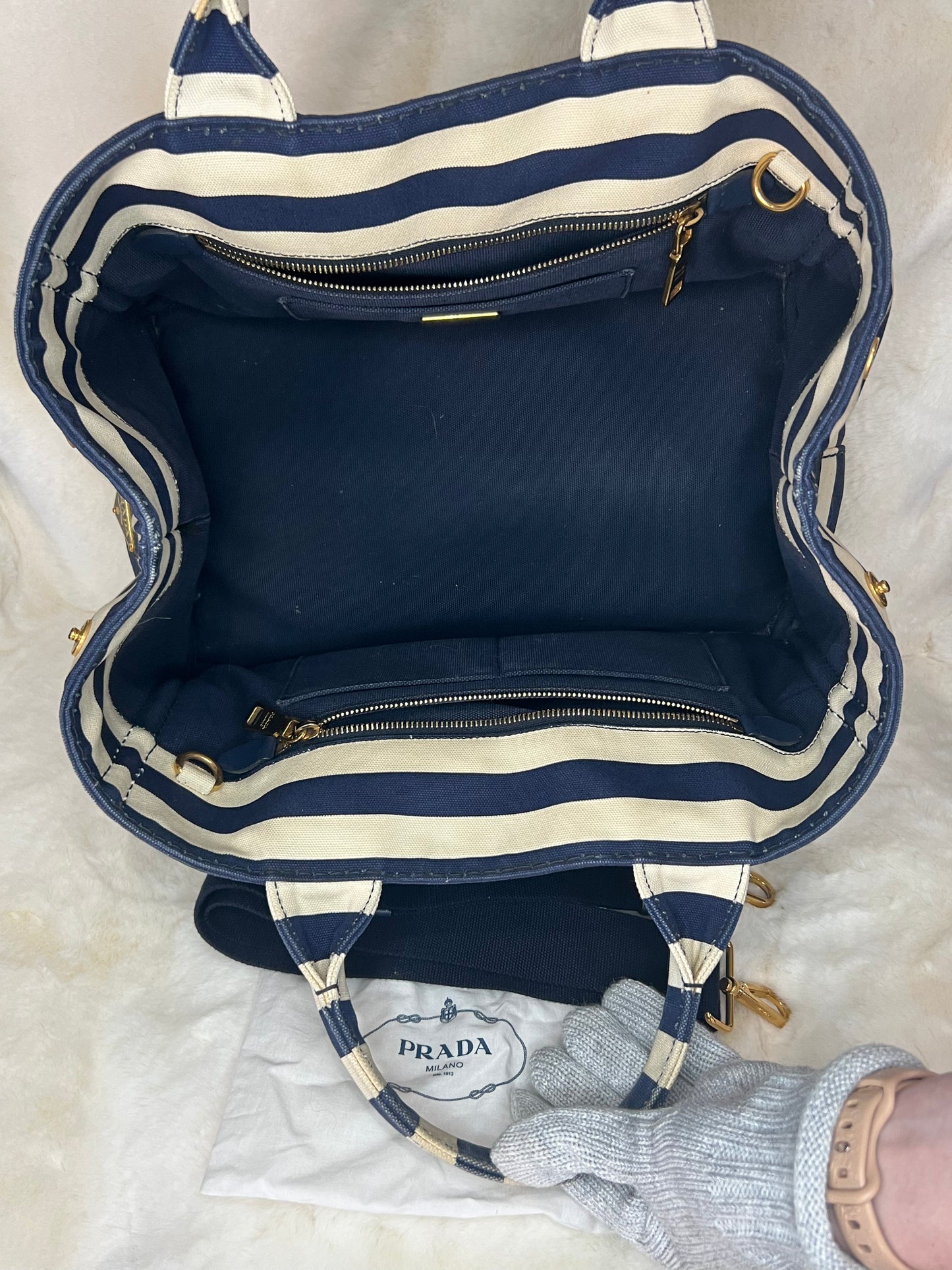 Prada Canapa Convertible Tote Printed Canvas Medium in Navy/Cream