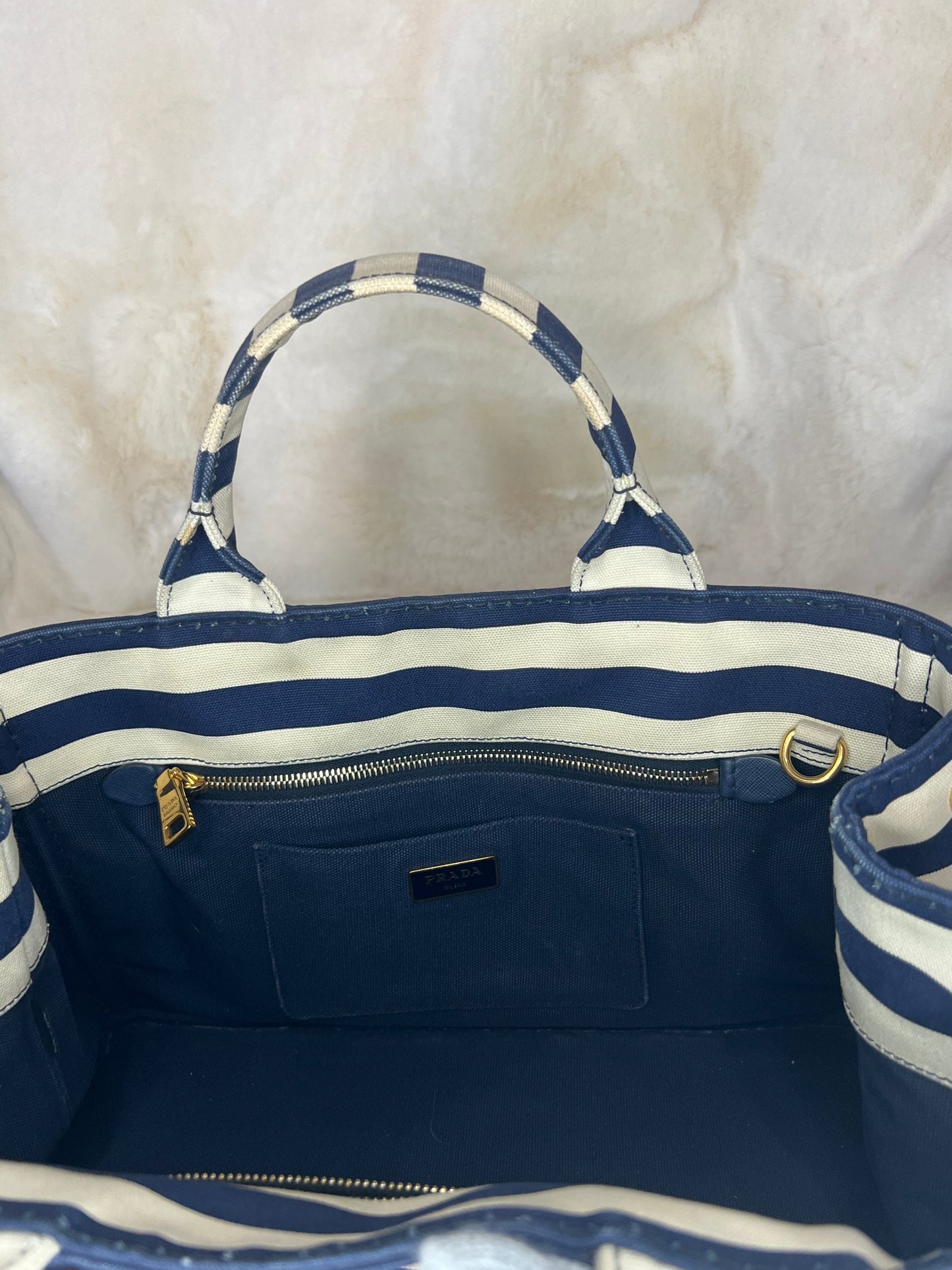 Prada Canapa Convertible Tote Printed Canvas Medium in Navy/Cream
