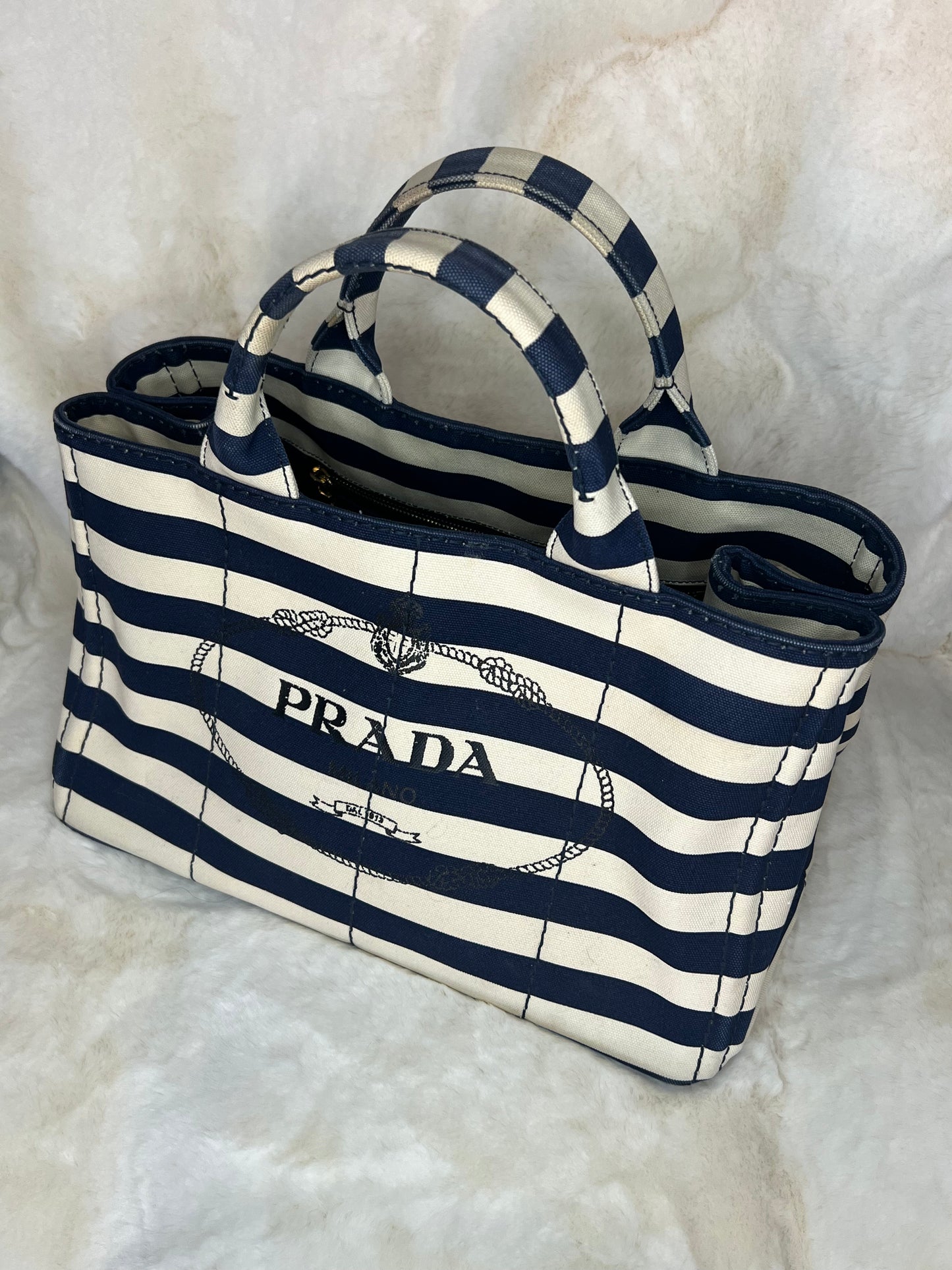 Prada Canapa Convertible Tote Printed Canvas Medium in Navy/Cream