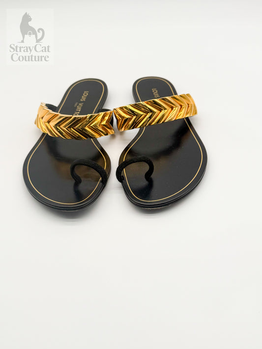 Louis Vuitton Symphony Sandals – Black with Gold Chevron Trim, Size 39