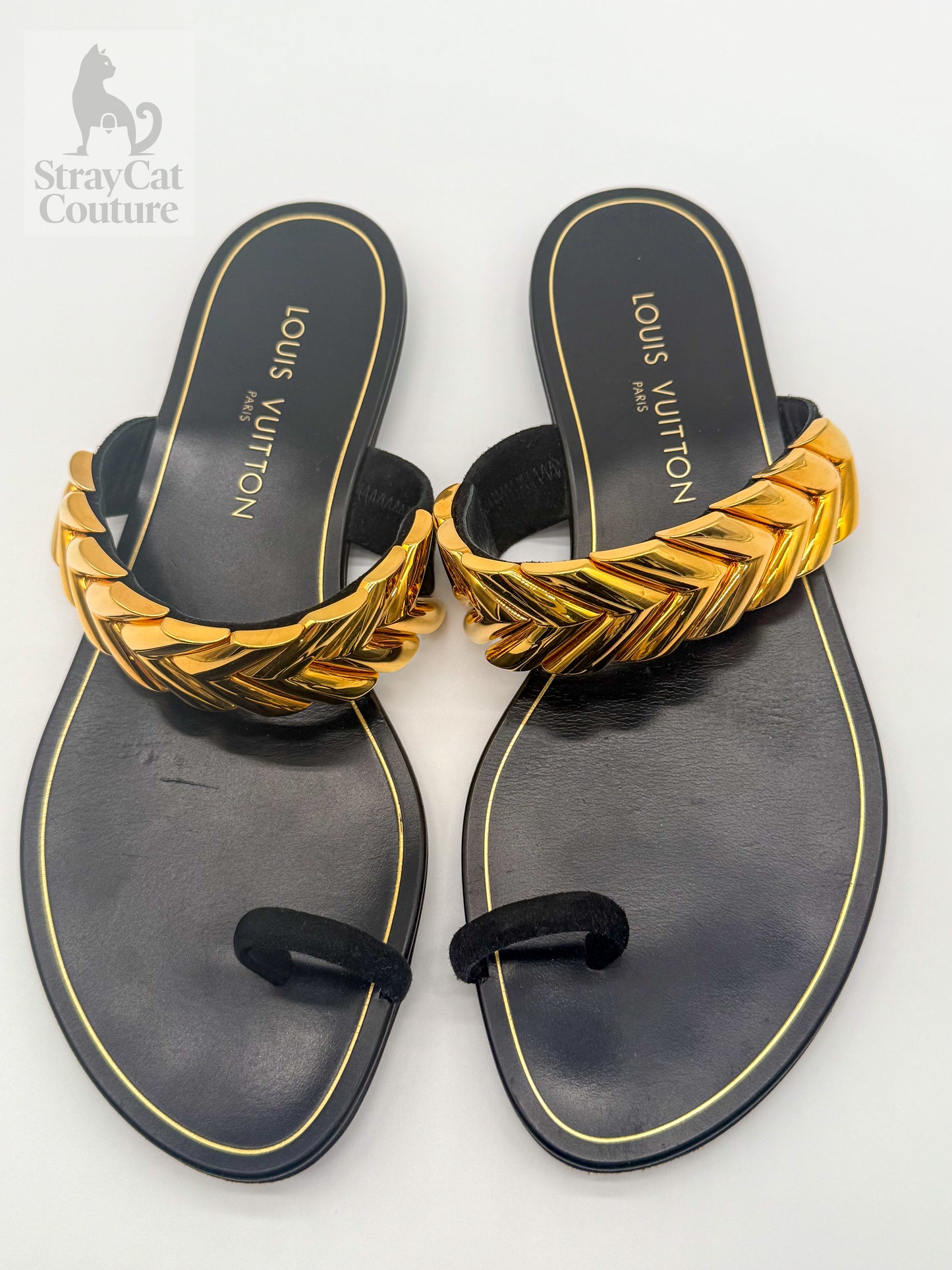 Louis Vuitton Symphony Sandals – Black with Gold Chevron Trim, Size 39